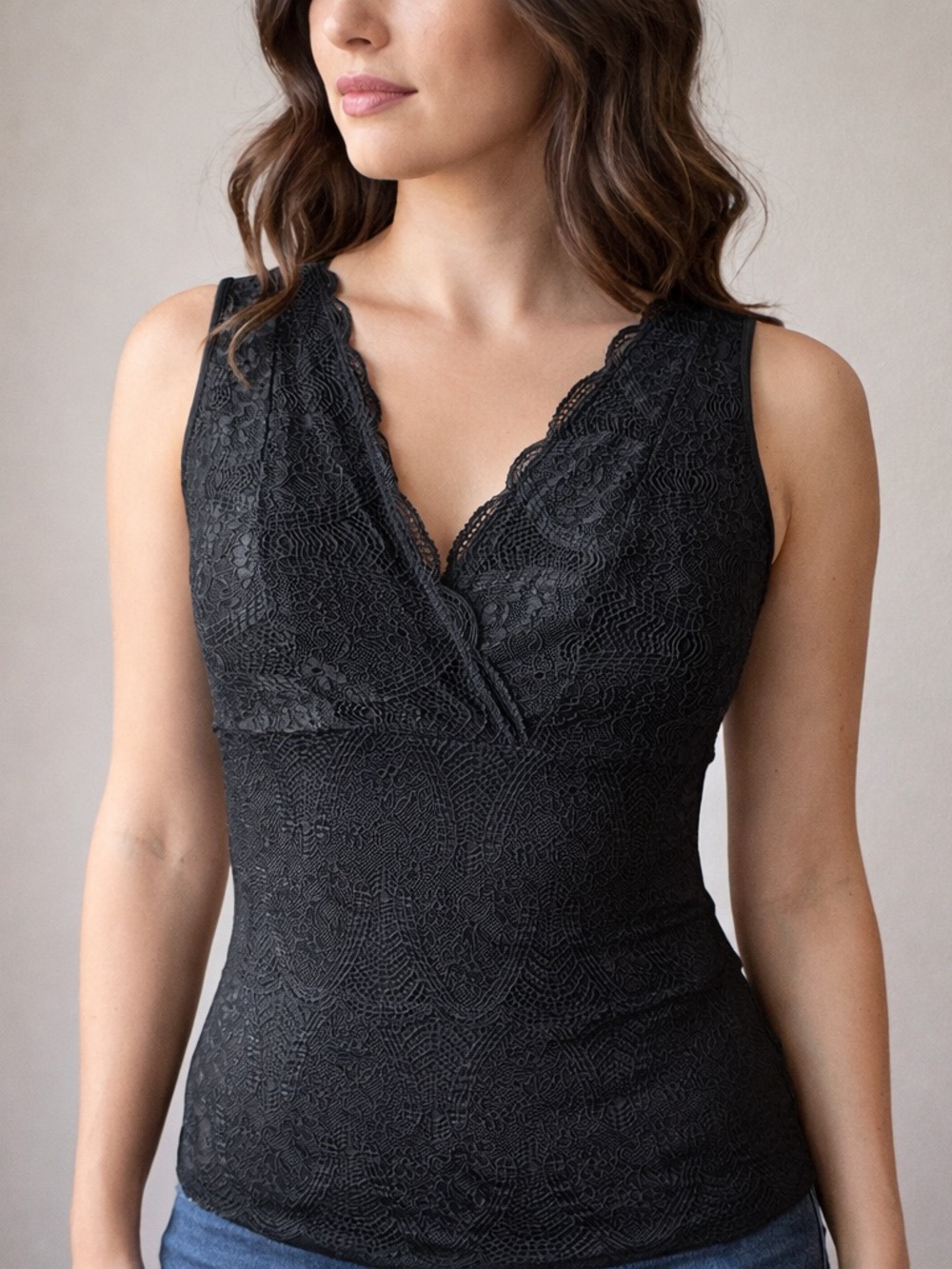 Daisy Fuentes Lace Top Womens M Black Sleeveless Stretch Desk To Dinner Y2K